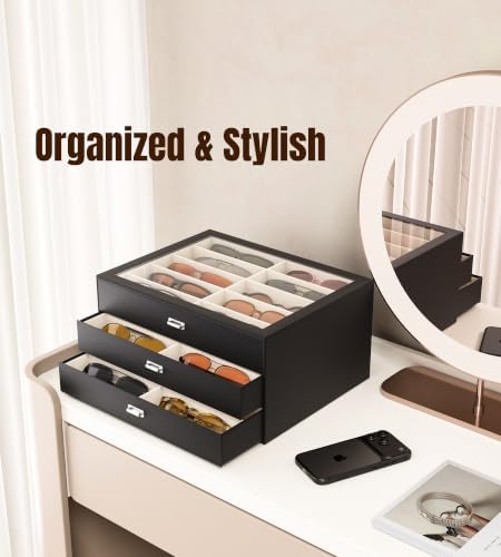 NEWLOOP Sunglass Organizer Display Case - Sunglasses Holder for Men Women Multiple Pair Eye Glasses Storage Organizer 3-Layer Jewelry Watch Eyeglass Collection Box with 30 Slots, Black - Image 3