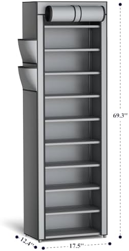 Kitsure 10-Tier Shoe Rack with Cover, Vertical Shelf, 17.5" Wide, Grey - Image 2