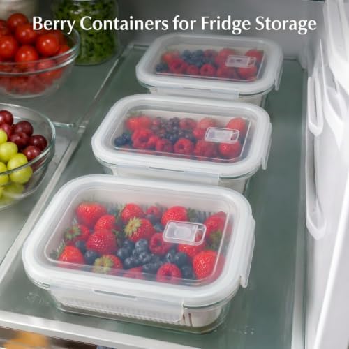 Glass Berry Containers for Fridge, 5 Pack, 2x56oz 2x35oz 1x25oz, with Removable Colanders and Vent Valve Lids, Glass Fruit Storage Containers for Refrigerator, Fresh Produce Storage Set(white) - Image 6