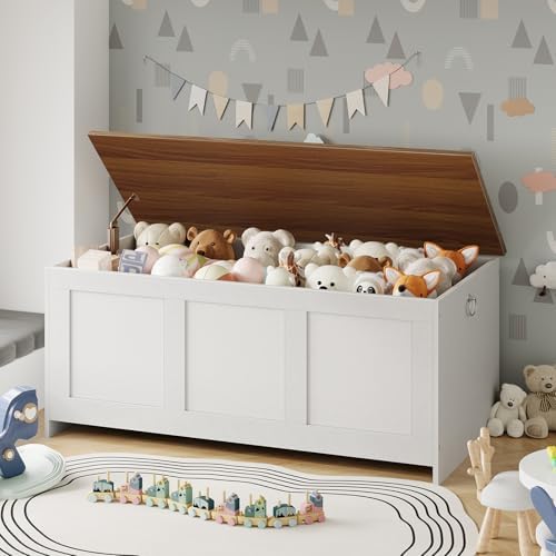 HOOBRO Storage Bench, 43.3" Retro Wooden Storage Chest, Wooden Storage Trunk, Toy Chest with Lift Top, Multifunctional Entryway Organizer, for Entryway, Living Room, White and Walnut WH411CW01G1 - Image 4