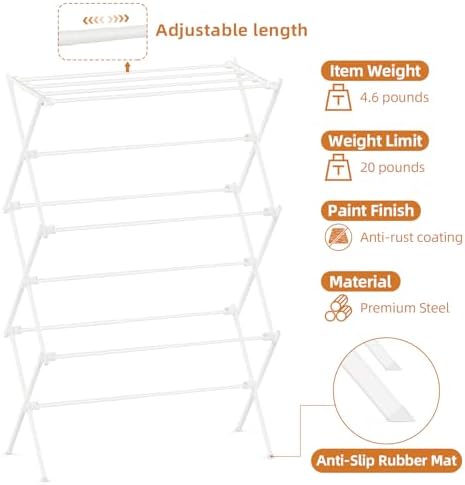 Drying Rack Clothing, 3-Tier Clothes Drying Rack Foldable, Antirust Laundry Drying Rack Collapsible Use for Indoor & Outdoor, 11.8" D x 34.6" W x 35.4" H, White - Image 3