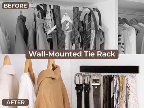 StorageWorks Tie Rack with 20 Hooks, 2 Set Wall Mounted Wood Hanger, Black - Image 4