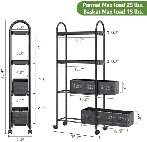 KINGRACK 4 Tier Slim Rolling Cart with Drawer, Metal Utility Storage Cart - Image 2