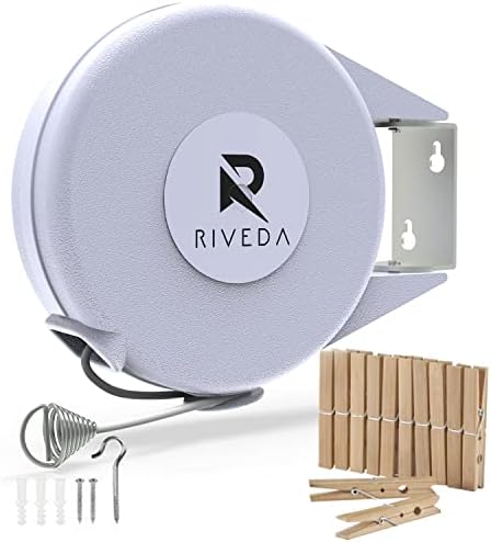 Retractable Clothesline - Portable Heavy Duty Indoor and Outdoor Washing Line - 40 Feet PVC Retracting Clothes Line with Wall Mount Hang the Wet Dry Clothing Laundry - Easy Installation (White) by RIVEDA