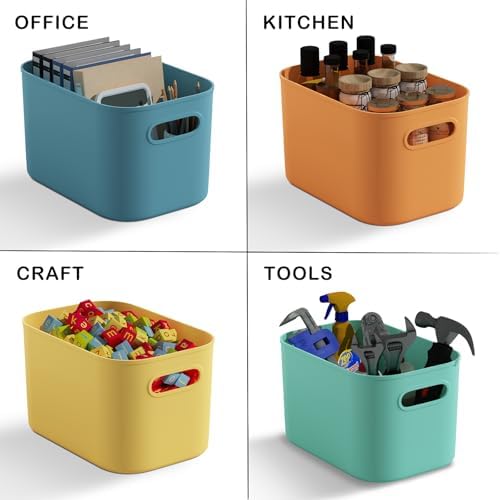 ORGIDOL 12 Pack Colorful Plastic Storage Bins, Storage Container for Organizing, Colored Storage Boxes with Handle for Shelves, Cute Organizer Bins for Craft, Snacks, Cabinet, 9.69x6.7x5.7 inch - Image 5