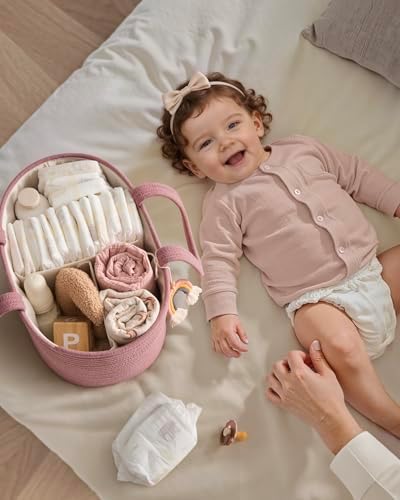 Blissful Diary Diaper Caddy Organizer, Woven Cotton Rope, Pink - Image 4