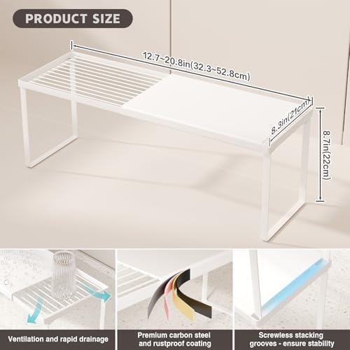 Magheo Expandable Kitchen Countertop Organizer, 1 Pack Stackable Cabinet Shelf Risers, Metal Spice Rack Heavy Duty Counter Organizer Storage for Kitchen, Pantry, Cupboard, Rv (8.7in Height,White) - Image 6