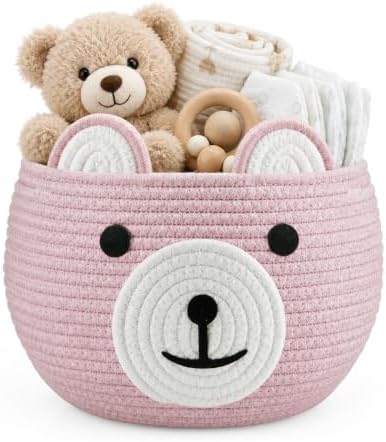 PandaEar Cotton Rope Baby Basket, Baby Gift Basket Nursery Laundry Organizer with Cute Bear Design for Storage Infant Newborn Essentials, Diaper Caddy with Handle (Pink) by PandaEar