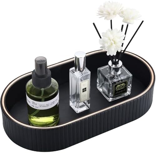 GORESE PU Leather Valet Tray Nightstand Organizer, Oval Perfume Trays Key Bowl Jewelry Dish for Bedside Dresser Entryway Table, Vanity Tray for Bathroom, EDC Trays for Men Women, 11×5.9 in, Black by GORESE