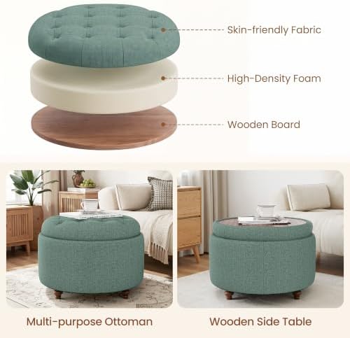25" Round Ottoman with Storage, Small Coffee Table with Reversible Tray Lid - Image 6