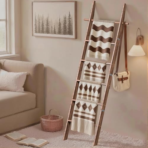 Farmhouse Wooden Blanket Ladder with Removable Hooks Brown 6-Tier - Image 5
