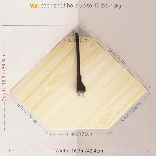 JJL Corner Shelves, 12 Inch Corner Shelf Wall Mounted with Wire Hole, 2 Tier 13.3 Inch Deep Wooden Corner Hanging Shelving for Wall Storage, for Speaker, Cable Box, Light White - Image 3