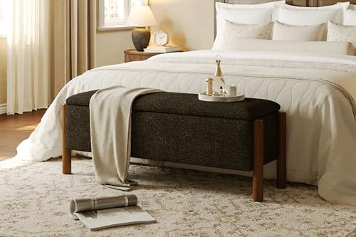 Modern Storage Benches with Walnut Wood Legs, 47'' Ottoman Bench with 20 Gallons Storage Space for Bedroom End of Bed, Fabric Upholstered Entryway Bench with Seating for Livingroom, Gray by Quenvo