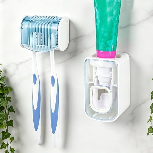 2 Slots Wall Mount Toothbrush Holder with Cover, Self Adhesive Toothbrush Storage Organizer for Shower, Toothbrush Hanger with Automatic Toothpaste Squeezer Dispenser(Blue) by LUEXBOX