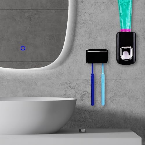 2 Slots Wall Mount Toothbrush Holder with Cover, Self Adhesive Toothbrush Storage Organizer for Shower, Toothbrush Hanger with Automatic Toothpaste Squeezer Dispenser(Black) - Image 5