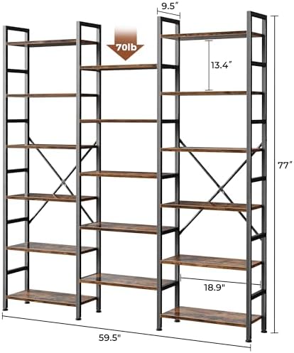 SUPERJARE Triple Bookshelf, Bookcase with 17 Open Display Shelves, Wide Book Shelf Book Case for Home & Office, 6 Tier, Brown, ABC003Z - Image 3