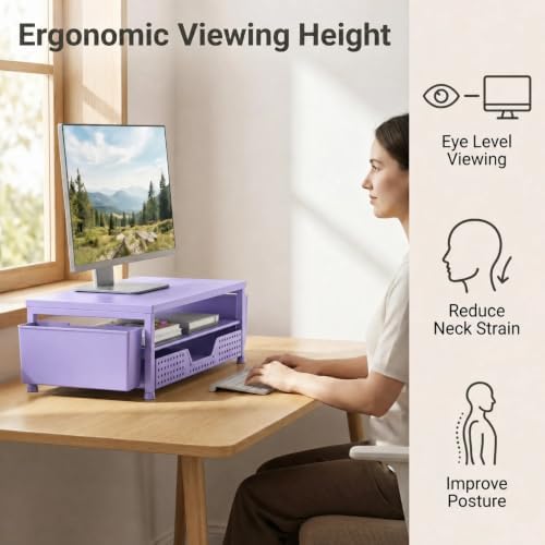 ECOLOVI Desk Organizer and Accessories, 2-Tier Computer Monitor Stand Rise with Storage Drawer & 2 Pen Holders, Laptop & Printer Stand for Desktop, Workspace Organizers for Office Supplies (Purple) - Image 2