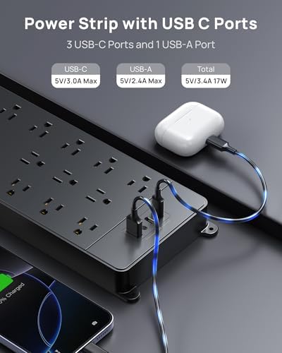 TROND Power Strip Surge Protector 10ft Cord, 4000J, 4 USB, ETL Listed,Black - Image 5