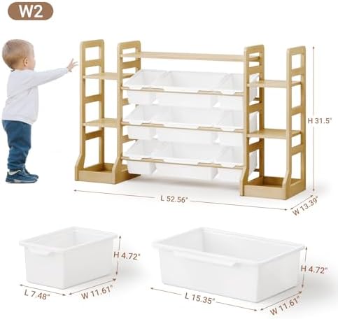 Toy Storage Organizer with 6 Bookshelf and 9 Bins, Solid Wood - Image 2