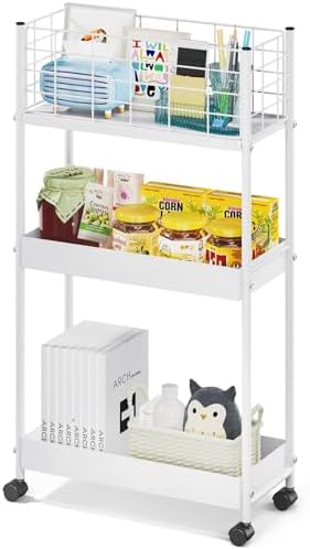 KINGRACK Slim Rolling Storage Cart, 3 Tier Metal Utility Cart, White by KINGRACK