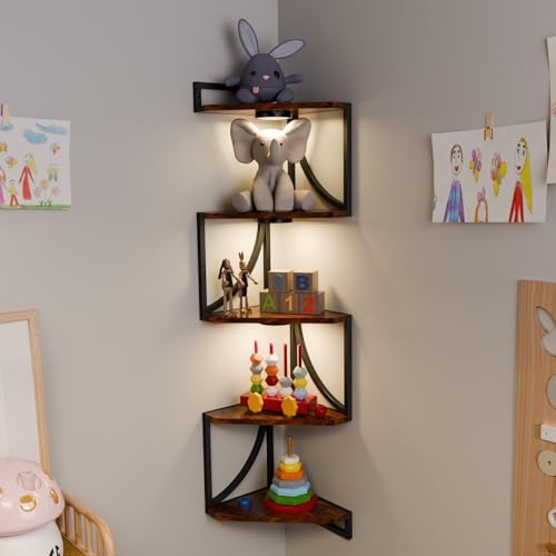HAAYOT Corner Shelf Wall Mounted with Lights, 5-Tier Floating Metal Shelves for Living Room, Bedroom, Rustic Brown - Image 4