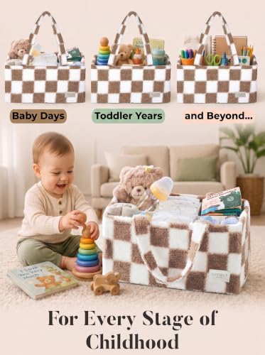Baby Diaper Caddy Organizer with Waterproof Changing Pad, Checkered Taupe - Image 6