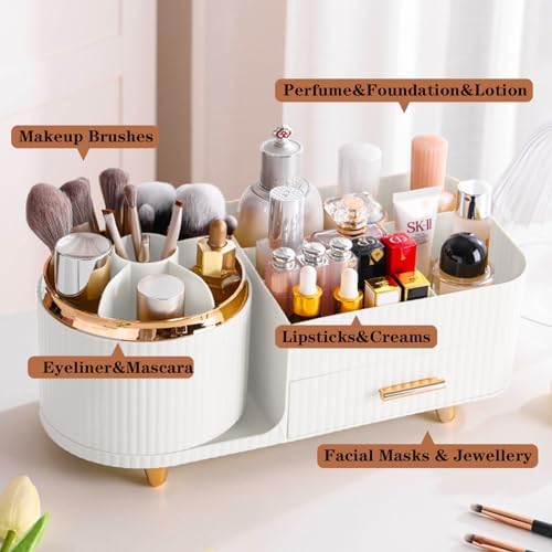 Rotating Makeup Organizer for Vanity with Brush Holder and Drawer, Cosmetic Makeup Storage, Large Spinning Makeup Skincare Organizer, Countertop Makeup Perfume Organizer, Lotions Display Case (White) - Image 7