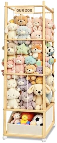 Large Stuffed Animal Storage with Toys Tray, Wood Stuffed Animal Zoo Storage with Brake Wheels, Large Capacity Stuffed Animal Holder, Perfect for Nursery Playroom Kidroom Bedroom by Unknown