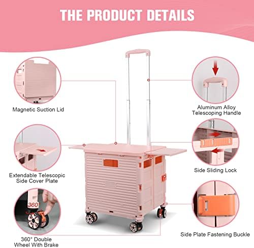 FELICON SELORSS Folding Utility Cart Portable Rolling Crate Handcart-Pink - Image 3