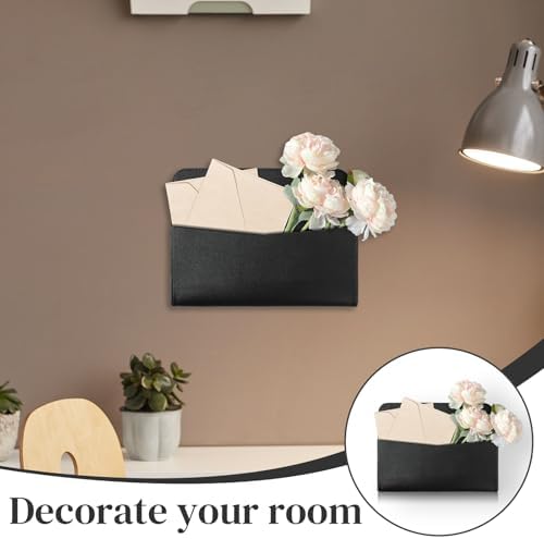 Wall Mount PU Leather Mail Holder Black Faux Leather Letter Holder 2 Ring 9.8" x 7.7" x 1.4" File Organizer Stylish Wall Hanging Mail Storage for Flowers Envelope Key Notebooks Home Office Decor - Image 6