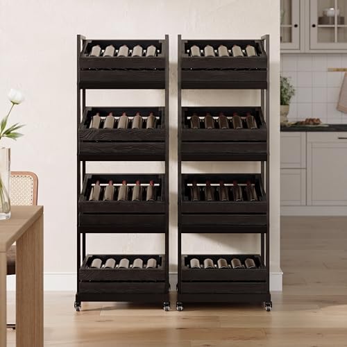 LITTLE TREE 4-Tier Basket Stand with Locked Wheels, Mobile Fruit and Vegetable Storage, Floor Stand Rack, Utility Shelf, for Kitchen, Living Room, Pantry (Black, 2) - Image 2
