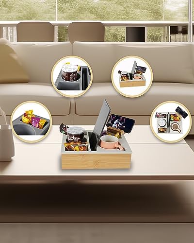 Couch Cup Holder Tray, Handy Silicone Bamboo Couch Caddy with Rotatable Phone Holder for Bed Car Seat Organizer, Waterproof Anti-Spill Sofa Cup Holder for Snacks Beverage Remote (White) - Image 6