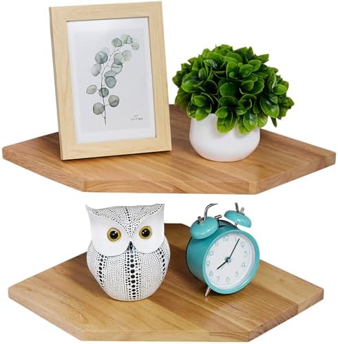 Corner Wall Shelves Set 2 Wire Hole Solid Oak Wood Display Shelf ,Natural by Coamily