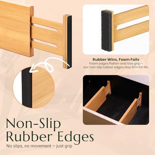 Bamboo Drawer Dividers 6 Pack with Non Slip Liner, Adjustable Expandable Drawer Organizer for Dresser, Kitchen, Bathroom, 4.5 Inch Tall Separators for Clothes, Fits 12 to 17.5 Inch Drawers - Image 2