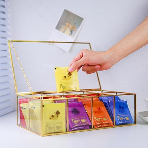 REDHUGO Glass Tea Bag Organizer, 8-Compartment Tea Storage Box, Gold - Image 2