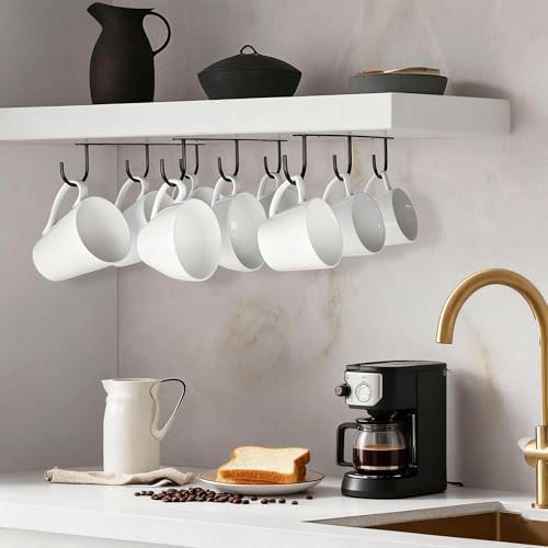 3pcs Under Cabinet Mug Hooks,Adhesive/Screw 2 Ways Install Mug Holder,Coffee Cups Hook with 9 Hooks,Mug Organizion Rack for Displaying Mugs/Cups/Kitchen Utensils (Black) - Image 2
