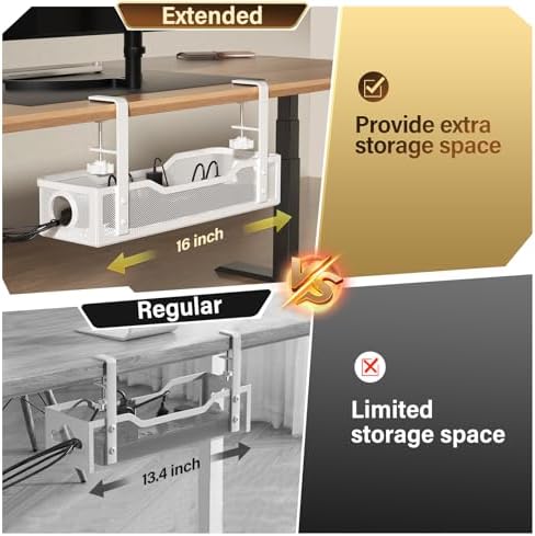 [Upgraded] 2 Pack Under Desk Cable Management Tray, Cinati Cord Organizers for Table Thickness up to 3", 16" Wire Organization with Clamp No Drill, Cable Management Box for Office - No Damage to Desk - Image 2