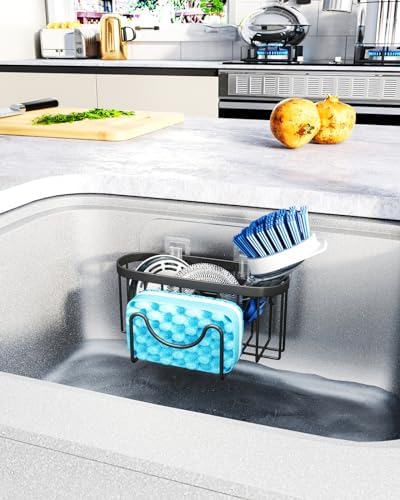 HapiRm Multifunctional Sponge Holder with Unique M-shaped, Two Installation Methods Kitchen Sink Organizer, Rustproof Stainless Steel Sink Caddy -Black（2-pack） - Image 6