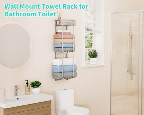 HapiRm Towel Rack Bathroom Storage - 3 Tier Over The Door & Wall Mounted Rolled Towel Racks Holder Organizer with Metal Shelf and 6 Hooks for Small Bathroom, Camper, Rv - Sliver - Image 2