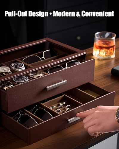 ProCase Watch Case, Mens Jewelry Box for 6 Watch & 5 Sunglasses -Brown - Image 3