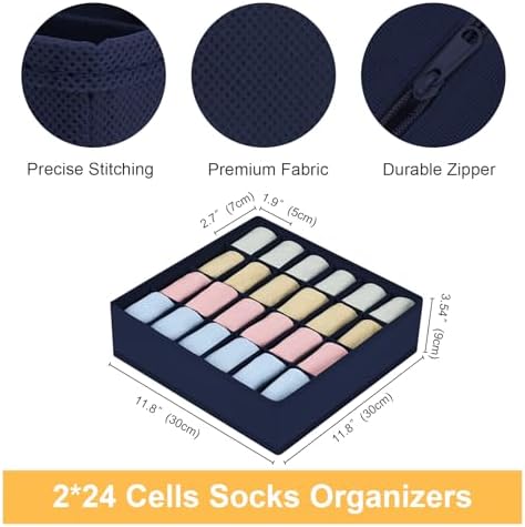 joyoldelf Sock Organizer Drawer Organizer - 2 Packs Underwear Organizer,24 Cells Collapsible Closet Organizers and Storage Sock Holders Organizers for Storing Socks, Ties, Belts(Navy Blue) - Image 2