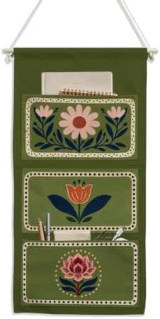 IAXIC Folk Dot Floral Border Canvas Wall Hanging Organizer with Pockets by IAXIC