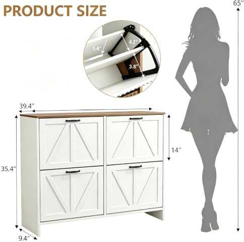 Nicetree Shaker Barn Door Shoe Cabinet, 4 Flip Drawers & 3Tier Adjustable Shelves, Ultra Slim Freestanding, Modern Rustic Brushed White Farmhouse Shoe Rack for Entryway, Hallway, Foyer & Mudroom White - Image 2
