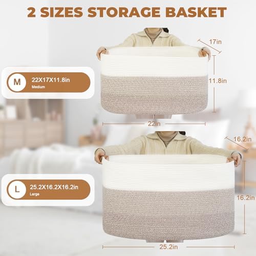 danpinera 108L Large Blanket Basket for Living Room, Woven Storage Basket with Leather Handles, Cotton Rope Storage Organization in Nursery for Toys & Clothes 25 ''* 16 ''*16 '', Gradient Brown - Image 5