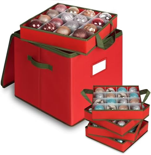 Christmas Ornament Storage Box, Ornament Storage Include 4 Trays with Adjustable Dividers, Ornament Organizer with Handle Store Up to 64 Holiday Ornaments, Red by Merkisa