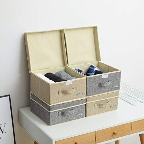 YueYue 4 Pack Small Fabric Storage Box with Lids, Foldable Linen Storage Box with Lids 4 Pieces Gray&Linen Set 12.4in/12in/6.7in - Image 5
