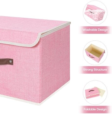 ANMINY Fabric Storage Box Bins with Lids, Pink, 15"x10"x10" - Image 4