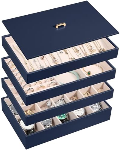 Voova Stackable Jewelry Organizer Tray with Lid (Set of 4, Dark Blue) by Voova