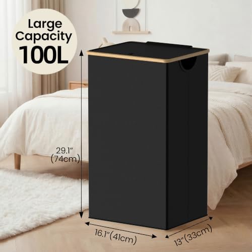 efluky Slim Laundry Hamper with Lid and Removable Bag, 100L Black - Image 3