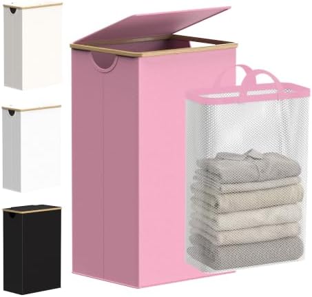 efluky Slim Laundry Hamper with Lid and Removable Bag, 100L Pink by efluky